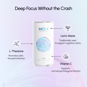 VIBE focus drink ingredients: L-theanine, lion's mane and vitamin C, caffeine-free