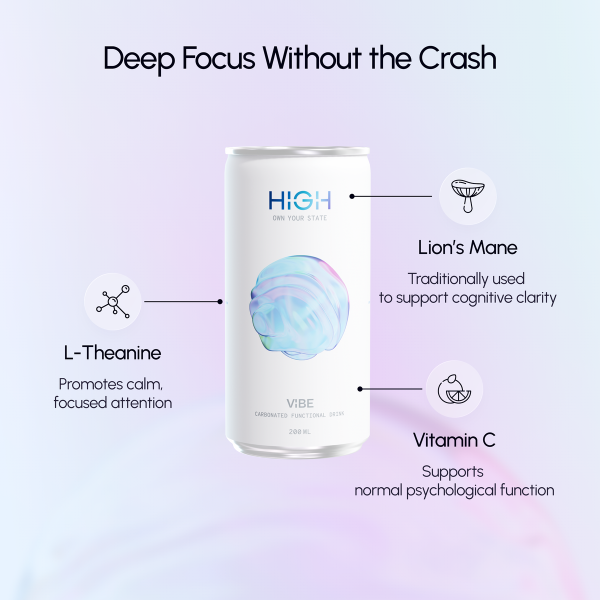 VIBE focus drink ingredients: L-theanine, lion's mane and vitamin C, caffeine-free