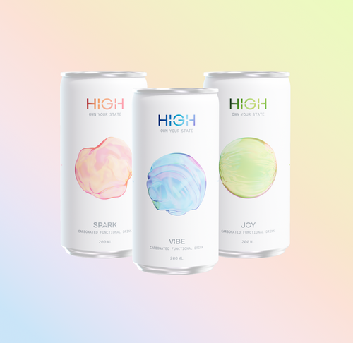 HIGH Mixed Pack of functional drinks: SPARK, VIBE and JOY cans on a pastel background