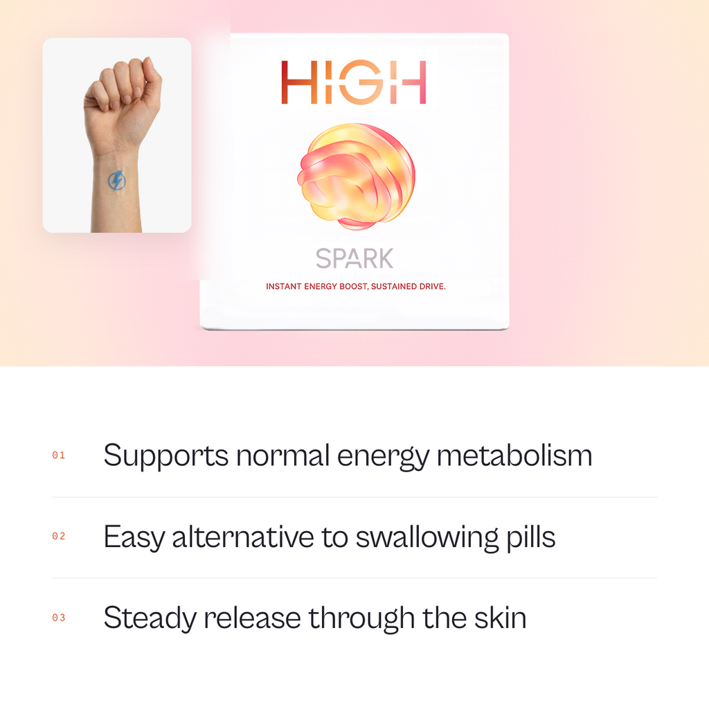 HIGH SPARK energy patch pack, with a SPARK patch worn on the inner wrist
