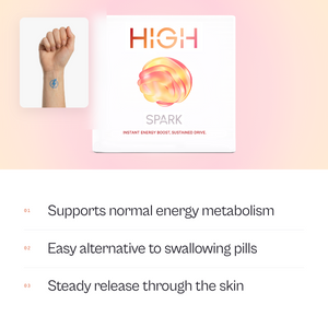 HIGH SPARK energy patch pack, with a SPARK patch worn on the inner wrist