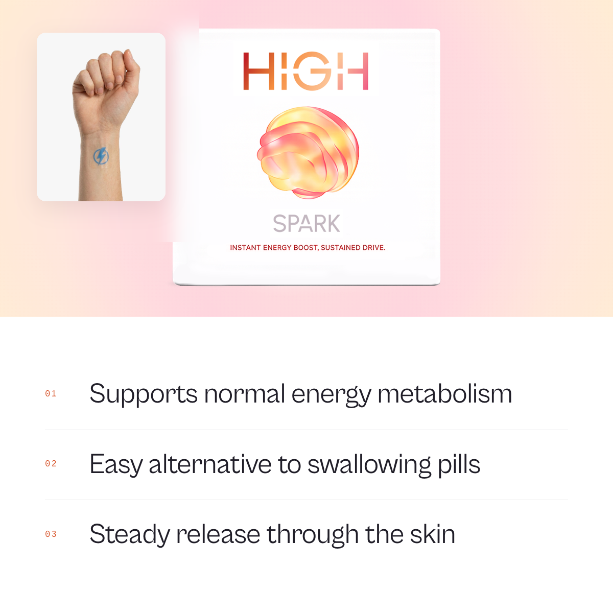 HIGH SPARK energy patch pack, with a SPARK patch worn on the inner wrist