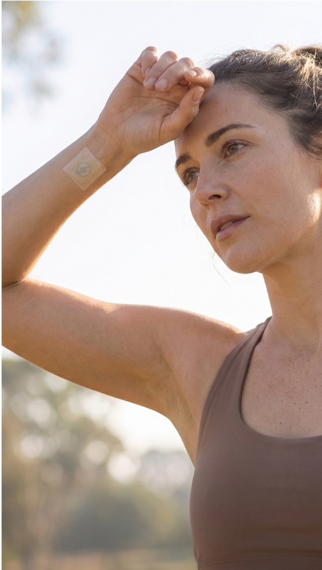 Woman taking a break during an outdoor workout, a moment for the caffeine-free HIGH VIBE patch