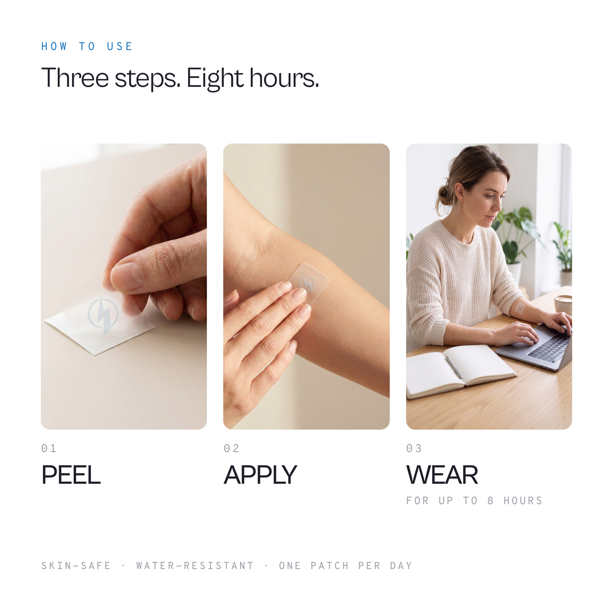 How to use the HIGH SPARK patch: peel, apply, wear