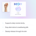 HIGH VIBE caffeine-free nootropic focus patch pack, with a VIBE patch worn on the inner wrist