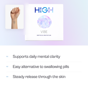 HIGH VIBE caffeine-free nootropic focus patch pack, with a VIBE patch worn on the inner wrist