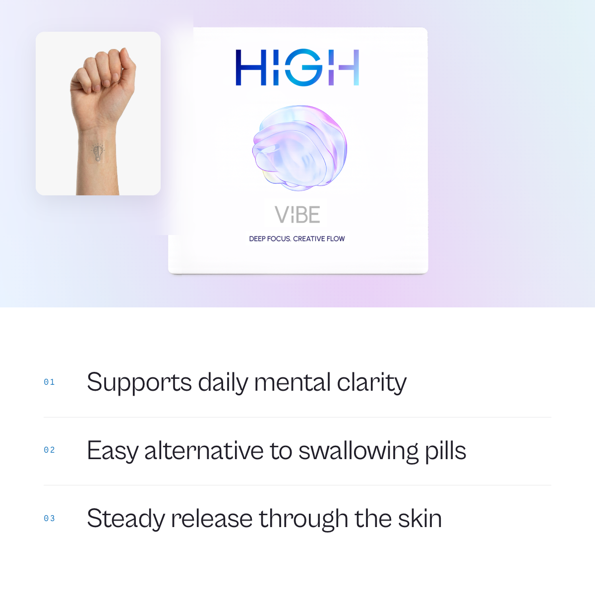 HIGH VIBE caffeine-free nootropic focus patch pack, with a VIBE patch worn on the inner wrist