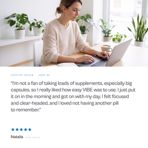 Five-star customer review of the HIGH VIBE focus patch, with a woman working at her laptop