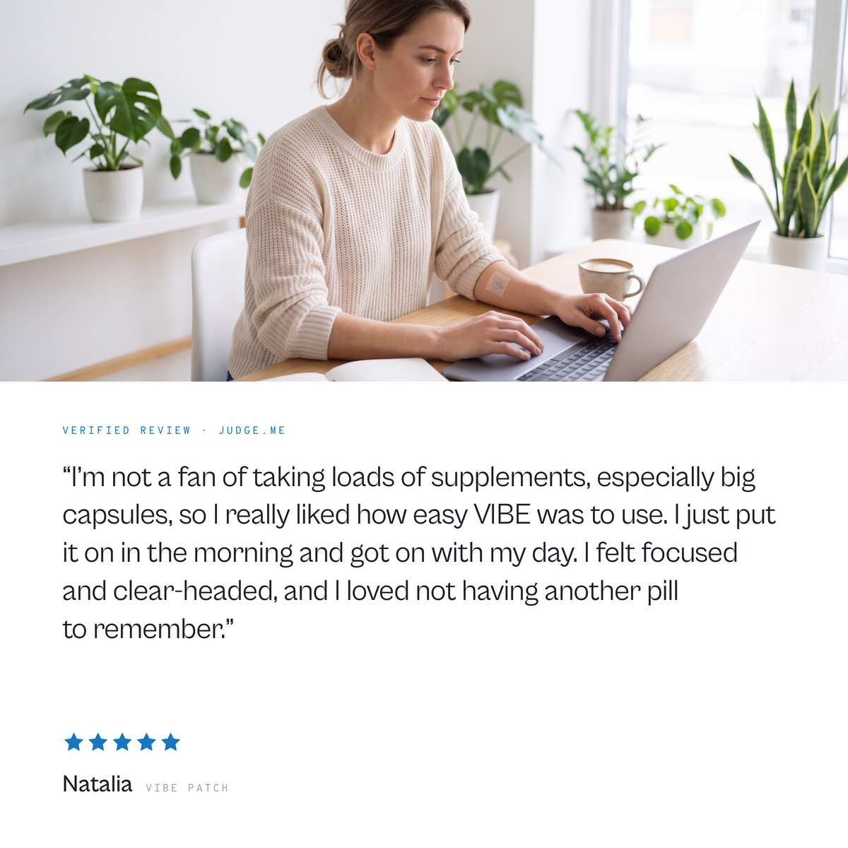 Five-star customer review of the HIGH VIBE focus patch, with a woman working at her laptop